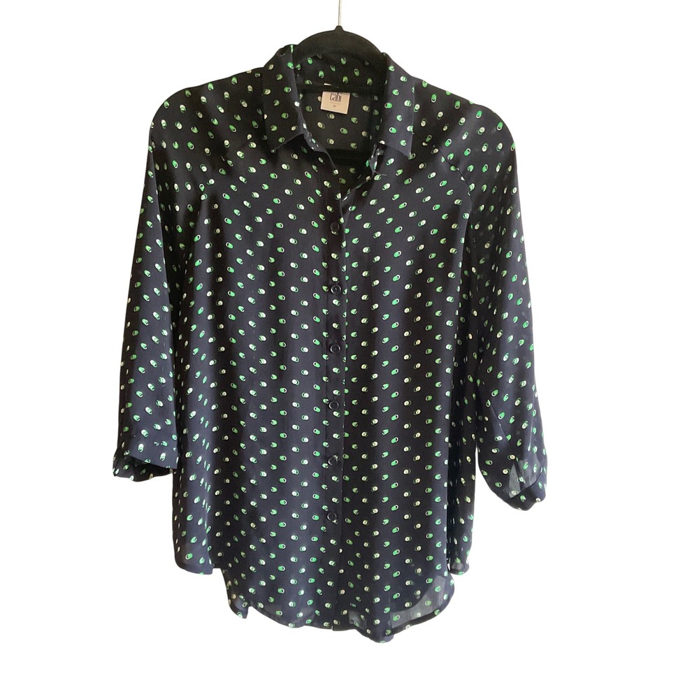 CABI women's navy sheer Martini 5019 button blouse XS lightweight geo print